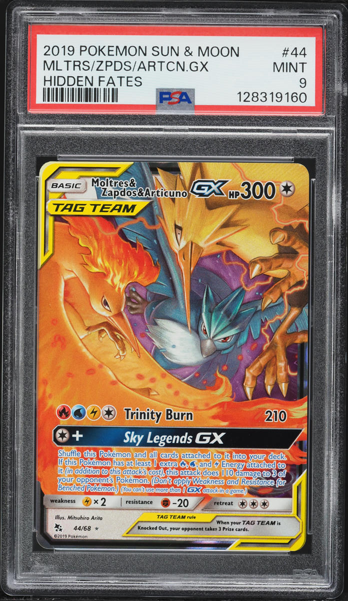 2019 Pokemon Sun & Moon Hidden Fates Moltres & Zapdos & Articuno GX #44 PSA 9 MINT