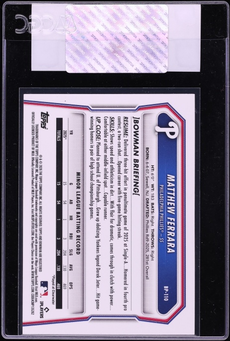2026 Bowman Purple Matthew Ferrara PROSPECT /250 #BP-110 CGC AUTH