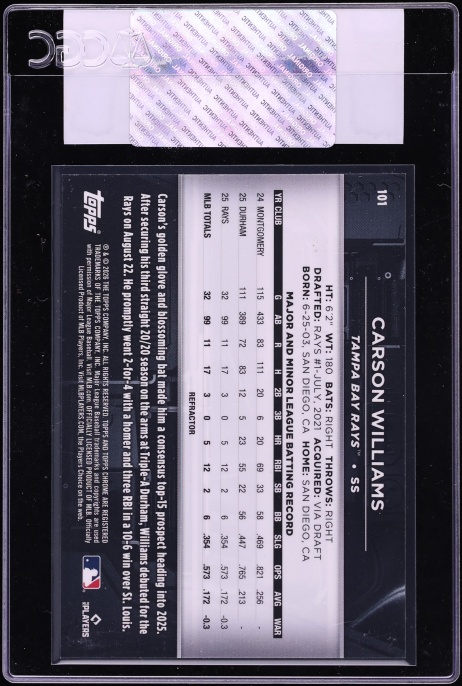 2026 Topps Chrome Black Refractor Carson Williams ROOKIE /199 #101 CGC AUTH