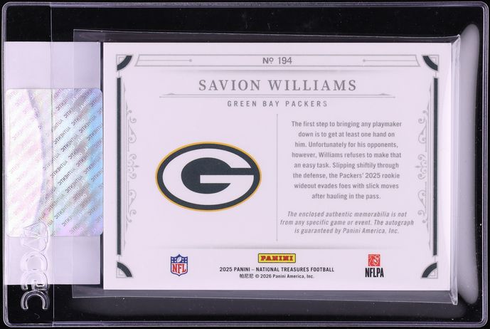 2025 National Treasures Midnight Savion Williams ROOKIE PATCH AUTO /20 #194 CGC AUTH
