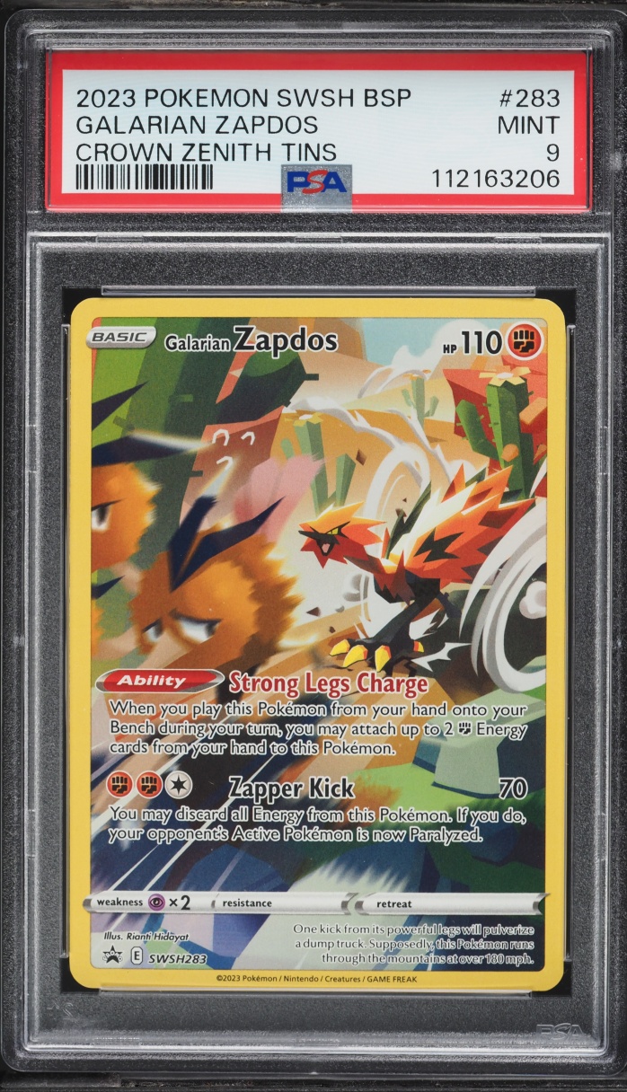 2023 Pokemon Sword & Shield Promo Crown Zenith Tin Alt Art Galarian Zapdos #283 PSA 9 MINT