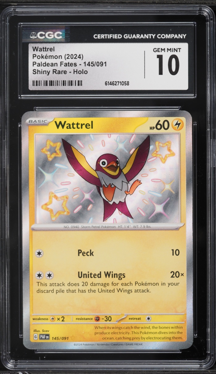 2024 Pokemon Scarlet & Violet Paldean Fates Shiny Wattrel #145 CGC 10 GEM MINT