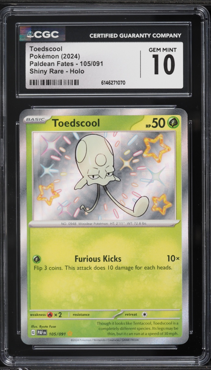 2024 Pokemon Scarlet & Violet Paldean Fates Holo Shiny Toedscool #105 CGC 10 GEM MINT