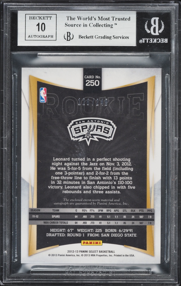 2012 Select Basketball Kawhi Leonard ROOKIE PATCH AUTO /249 #250 BGS 8.5 NM-MT+