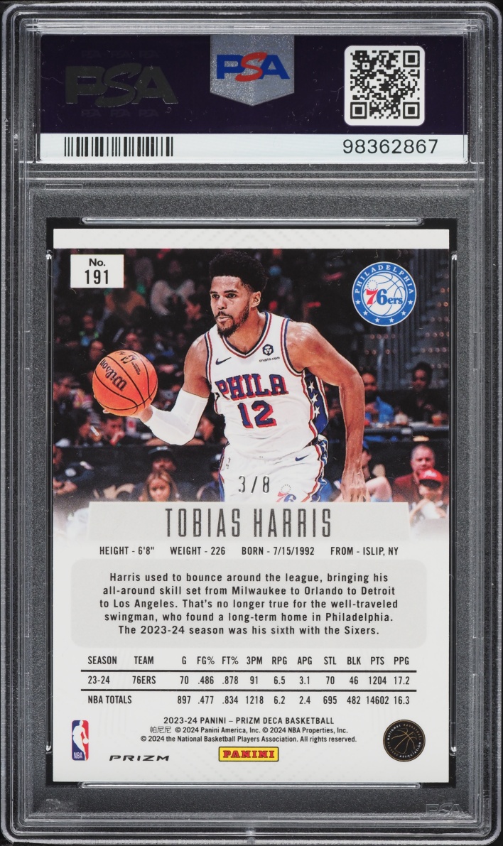 2023 Panini Prizm Deca Black Gold Shimmer FOTL Tobias Harris /8 #191 PSA 10 GEM MINT