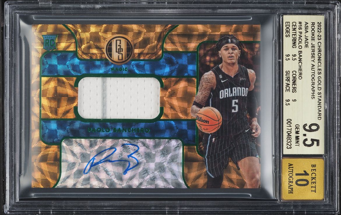 2022 Panini Chronicles Gold Asia Jade Paolo Banchero ROOKIE PATCH AUTO #GSJ-PBO BGS 9.5