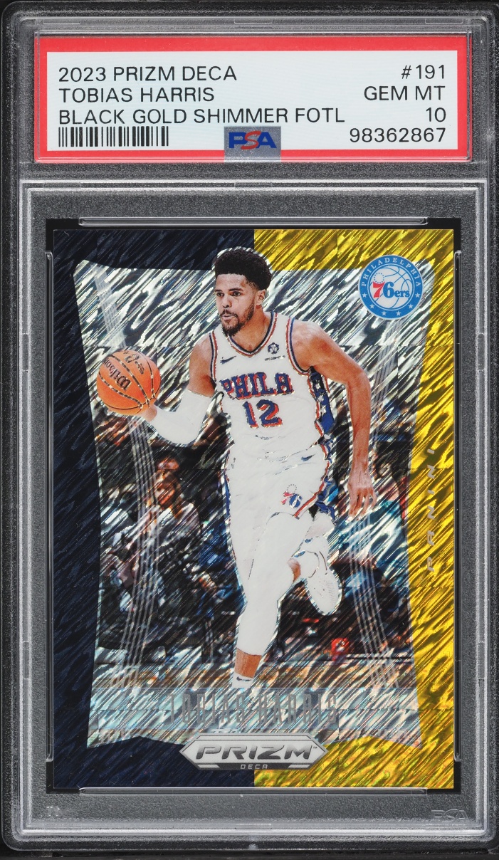 2023 Panini Prizm Deca Black Gold Shimmer FOTL Tobias Harris /8 #191 PSA 10 GEM MINT