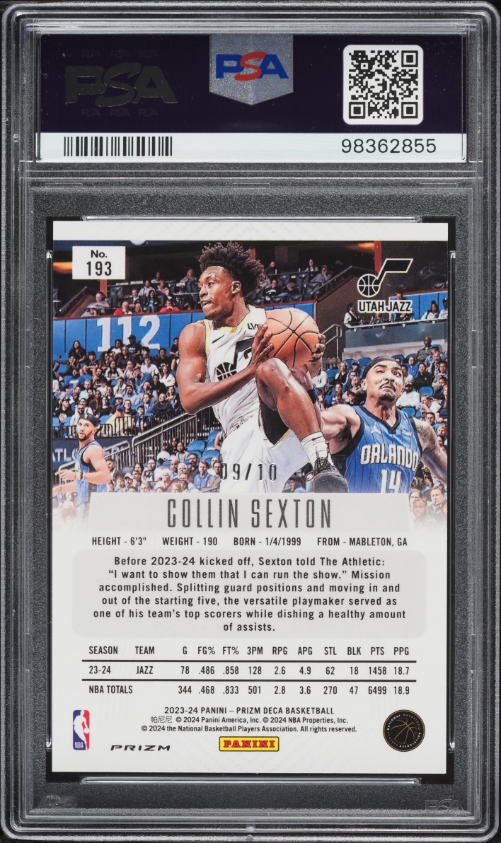 2023 Panini Prizm Deca Gold Collin Sexton /10 #193 PSA 9 MINT