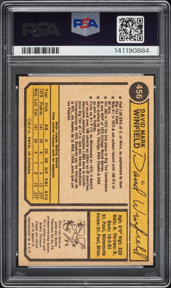 1974 O-Pee-Chee Dave Winfield ROOKIE #456 PSA 7 NRMT