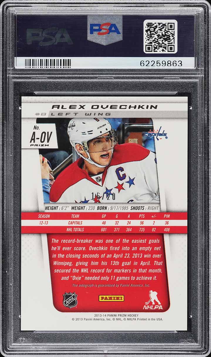 2013 Panini Prizm Silver Alexander Ovechkin AUTO /20 #AOV PSA 10 GEM MINT
