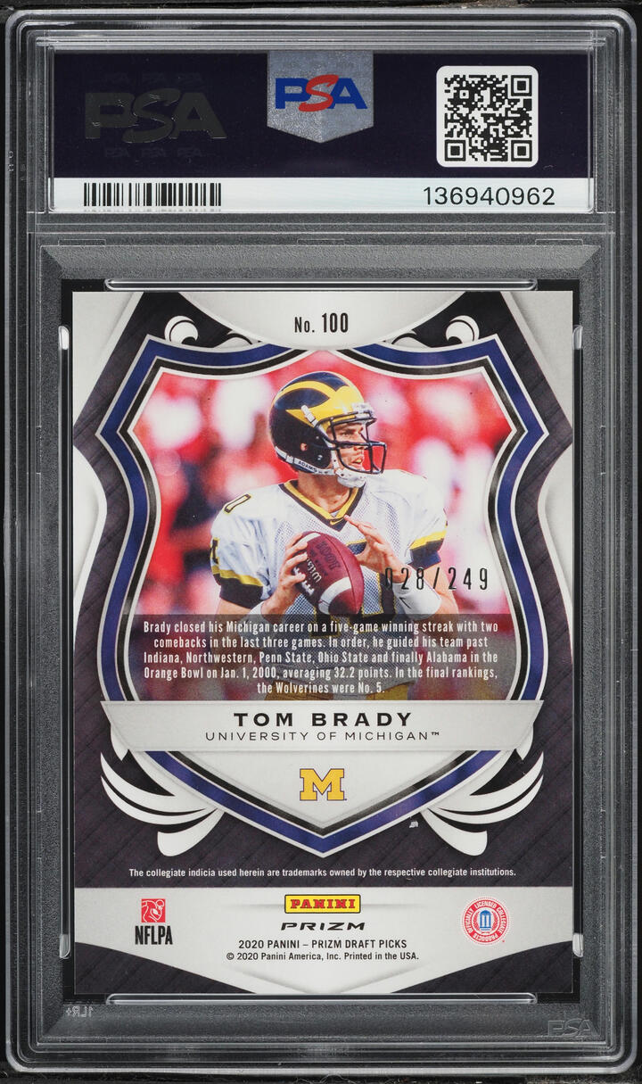 2020 Panini Prizm Draft Picks Green Yellow Tom Brady /249 #100 PSA 10 GEM MINT