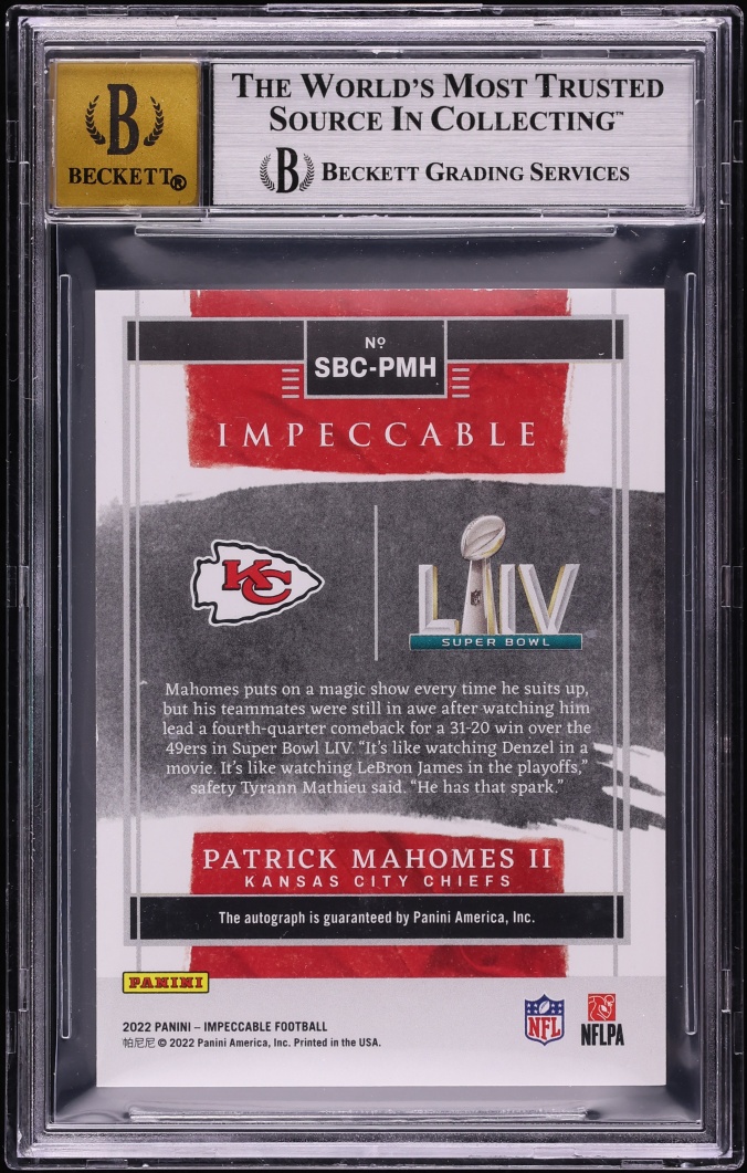 2022 Panini Impeccable Super Bowl Champion Platinum Patrick Mahomes AUTO 1/1 #SBCPMH BGS 7.5