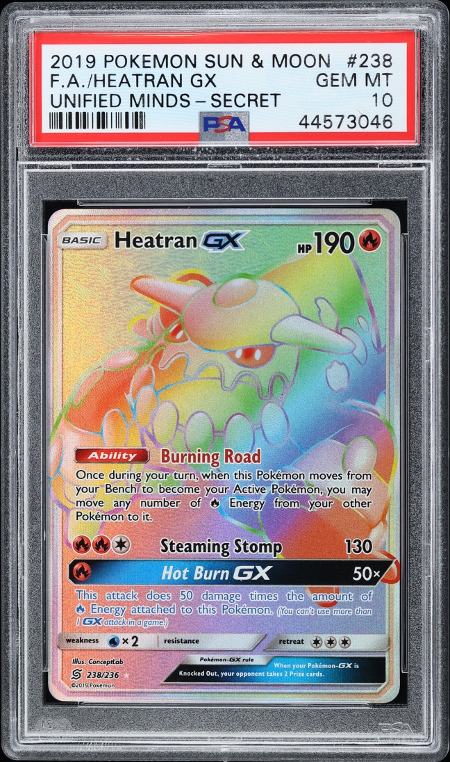 2019 Pokemon Sun & Moon Unified Minds Rainbow Rare Heatran GX #238 PSA 10 GEM MINT