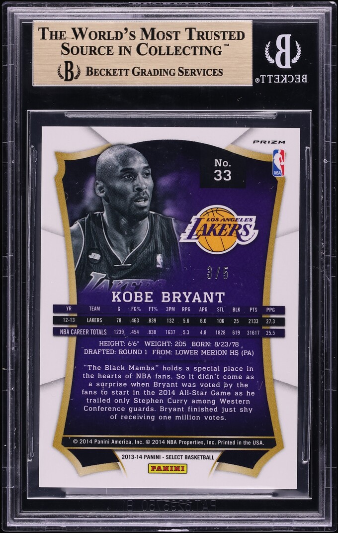 2013 Select Green Prizm Kobe Bryant /5 #33 BGS 9.5 GEM MINT - Photo 2