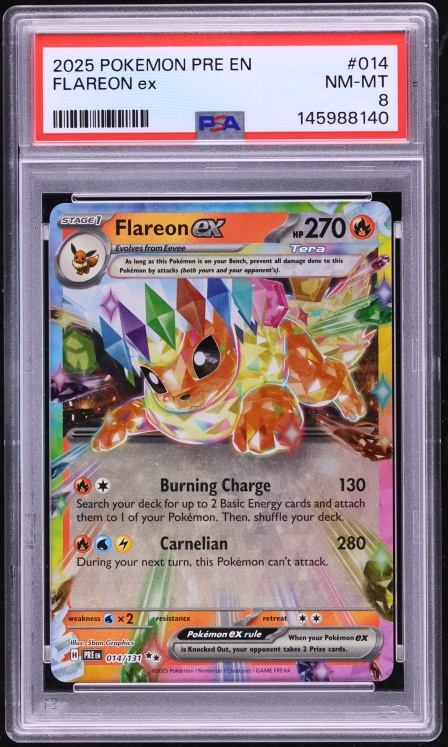 2025 Pokemon Scarlet & Violet Prismatic Evolutions Holo Flareon ex #14 PSA 8 NM-MT