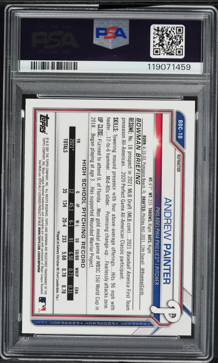 2021 Bowman Chrome Draft Refractor Andrew Painter PROSPECT #BDC10 PSA 9 MINT