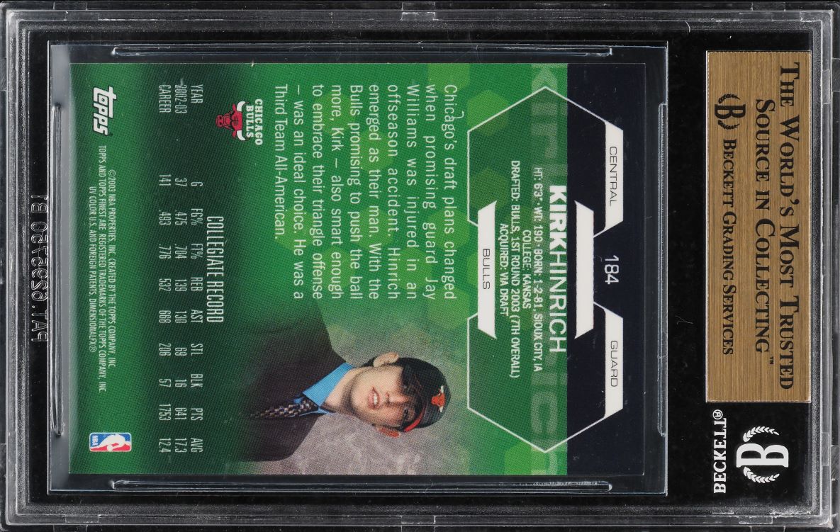 2002 Finest Basketball Kirk Hinrich ROOKIE #184 BGS 9.5 GEM MINT