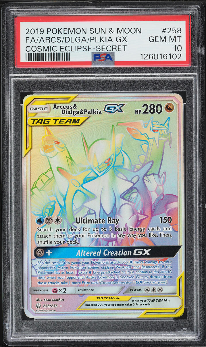 2019 Pokemon Sun & Moon Cosmic Eclipse Rainbow Rare Arceus & Dialga & Palkia GX #258 PSA 10 GEM