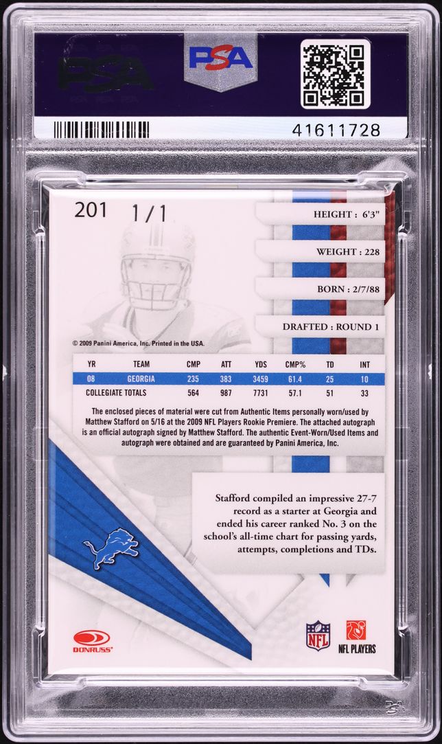 2009 Playoff Absolute Memorabilia Matthew Stafford ROOKIE NFL SHIELD PATCH AUTO 1/1 #201 PSA 9