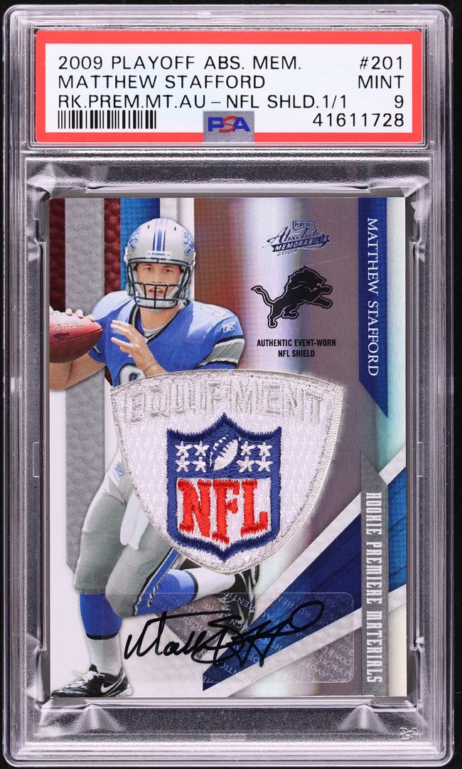 2009 Playoff Absolute Memorabilia Matthew Stafford ROOKIE NFL SHIELD PATCH AUTO 1/1 #201 PSA 9
