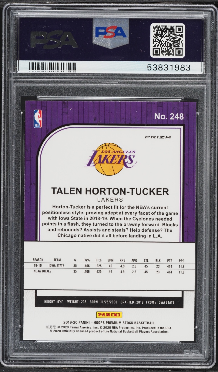 2019 Hoops Premium Stock Pulsar Prizm Talen Horton-Tucker ROOKIE #248 PSA 10 GEM MINT