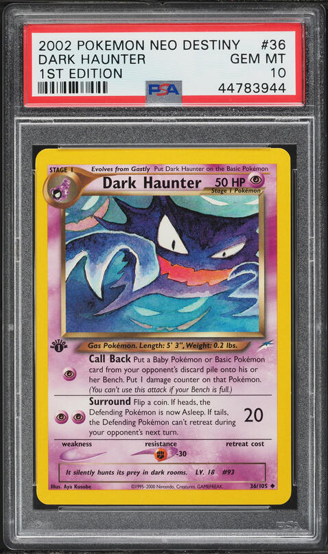dark haunter pokemon card Gengar its spectral design and holographic shimmer making it a standout piece from the final set of the Neo Series Dark Haunter 36/105 Neo Destiny
