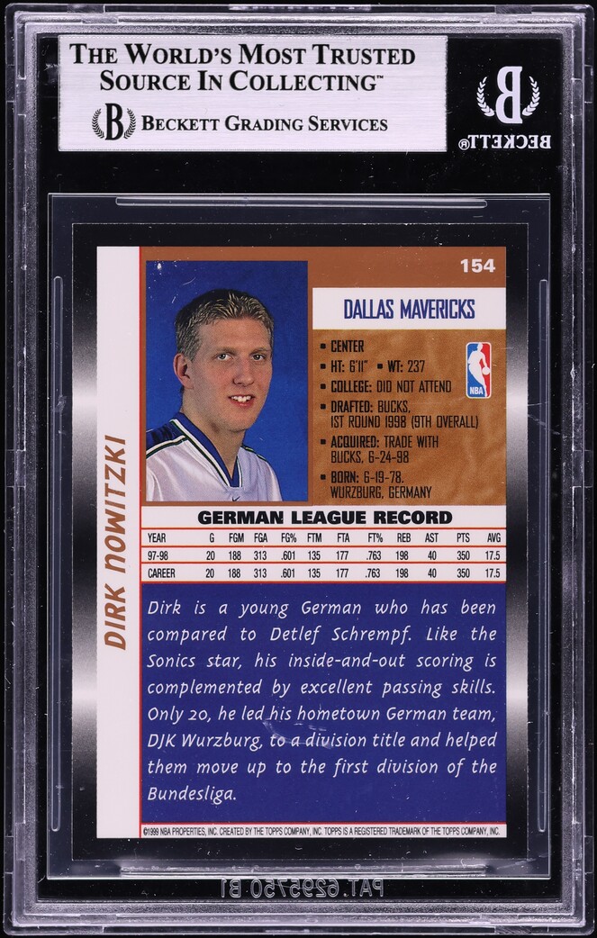 1998 Topps Basketball Dirk Nowitzki ROOKIE #154 BGS 9 MINT