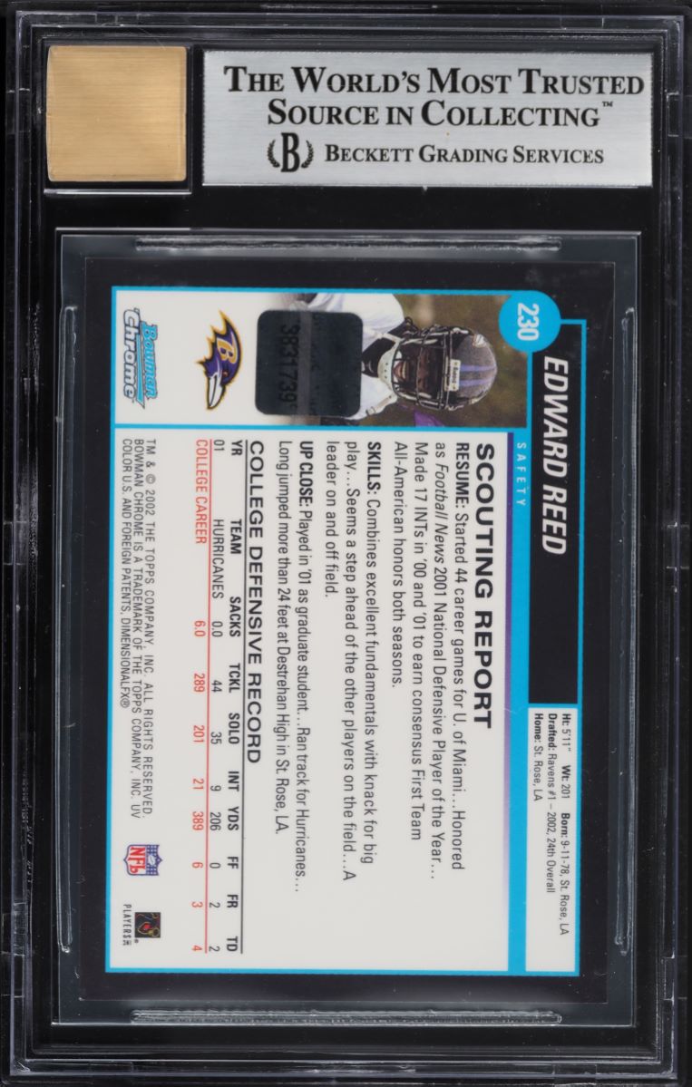 2002 Bowman Chrome Ed Reed ROOKIE AUTO #230 BGS 9 MINT