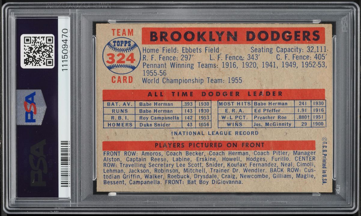 1957 Topps Dodgers Team #324 PSA 4 VGEX