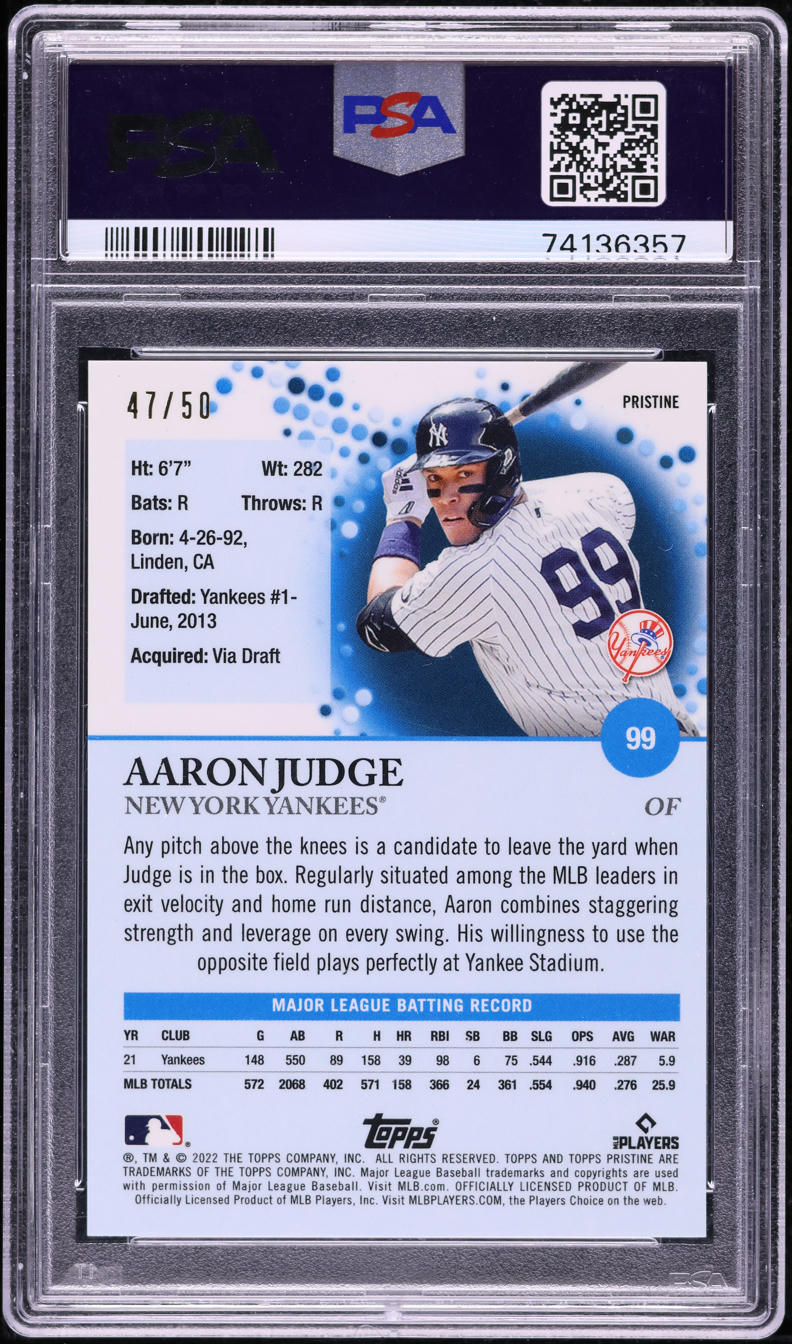 2022 Topps Pristine Gold Refractor Aaron Judge /50 #99 PSA 10 GEM MINT