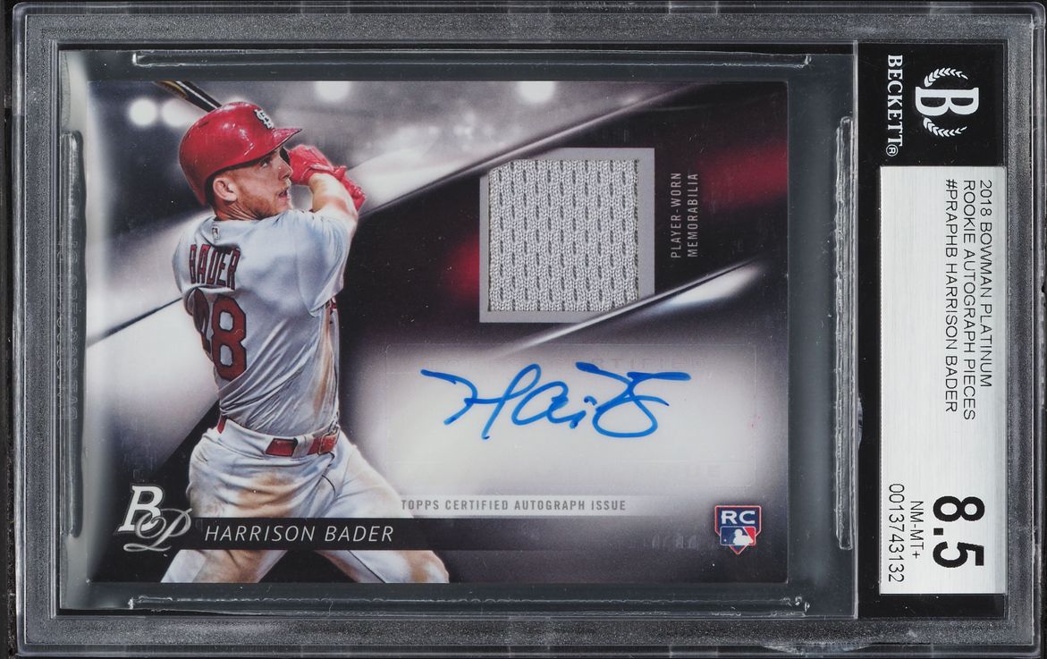 2018 Bowman Platinum Pieces Harrison Bader ROOKIE PATCH AUTO /99 #PRAPHB BGS 8.5 NM-MT+