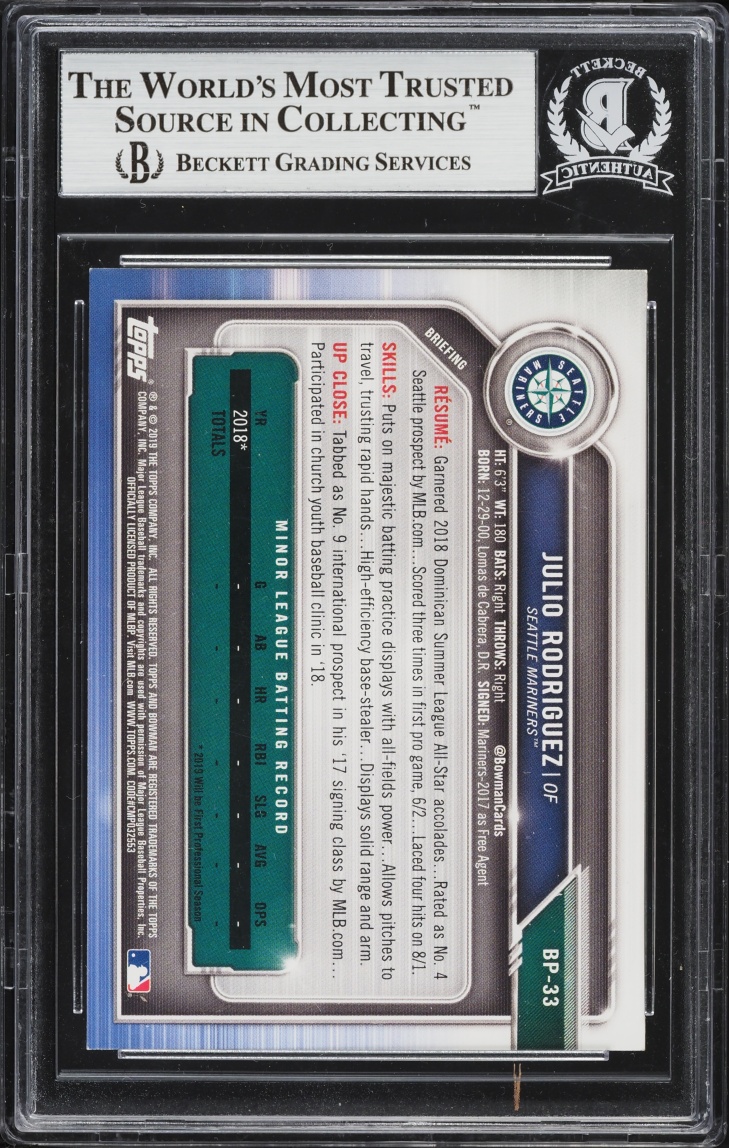 2019 Bowman Julio Rodriguez PROSPECT AUTO #BP-33 BAS BGS AUTH
