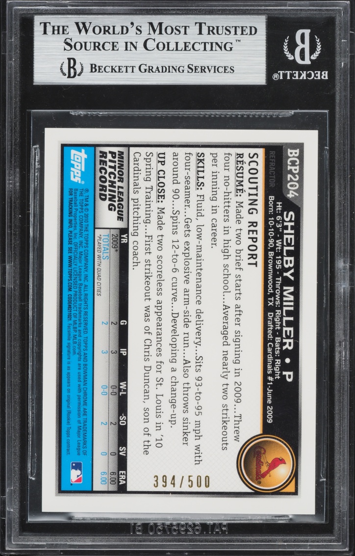 2010 Bowman Chrome Refractor Shelby Miller PROSPECT /500 #BCP204A BGS 8.5 NM-MT+