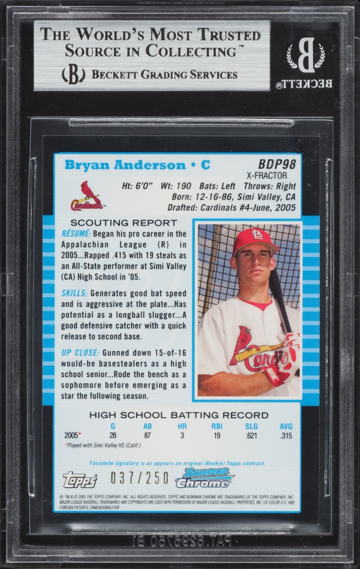 2005 Bowman Chrome Draft Xfractor Bryan Anderson PROSPECT /250 #98 BGS 9 MINT