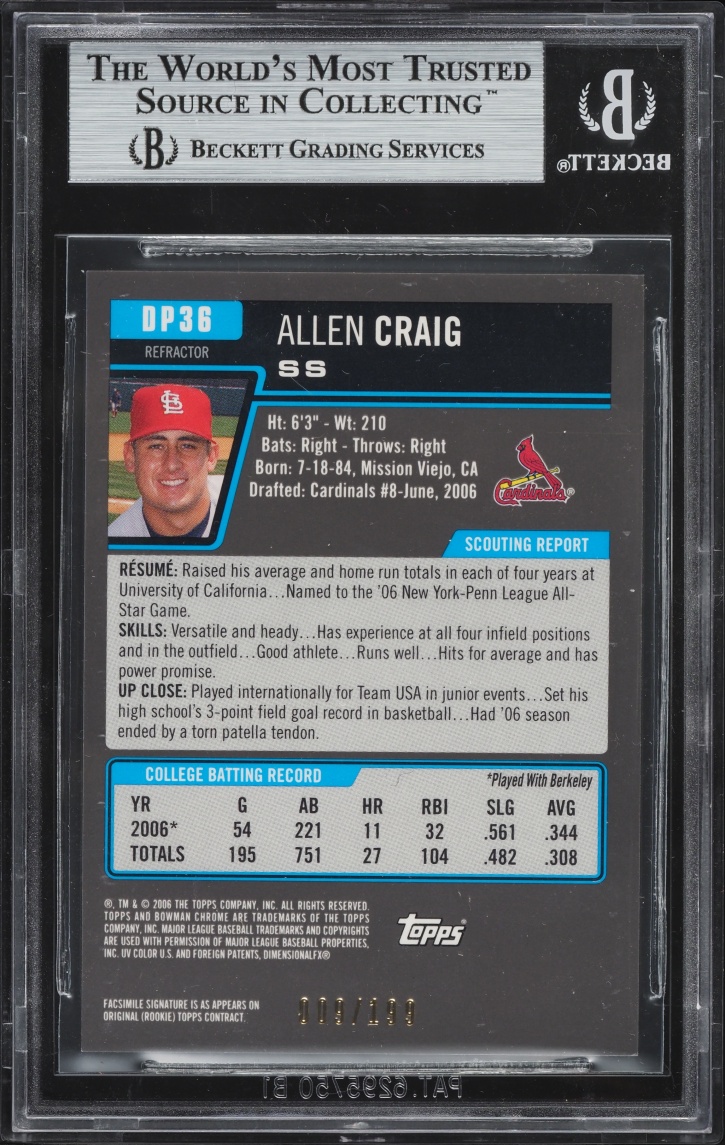 2006 Bowman Chrome Draft Picks Blue Refractors Allen Craig PROSPECT /199 #DP36 BGS 9 MINT