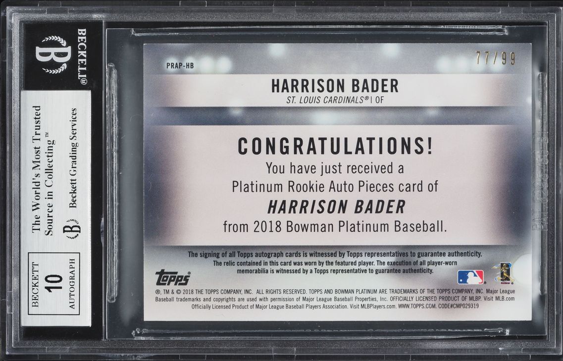 2018 Bowman Platinum Pieces Harrison Bader ROOKIE PATCH AUTO /99 #PRAPHB BGS 8.5 NM-MT+