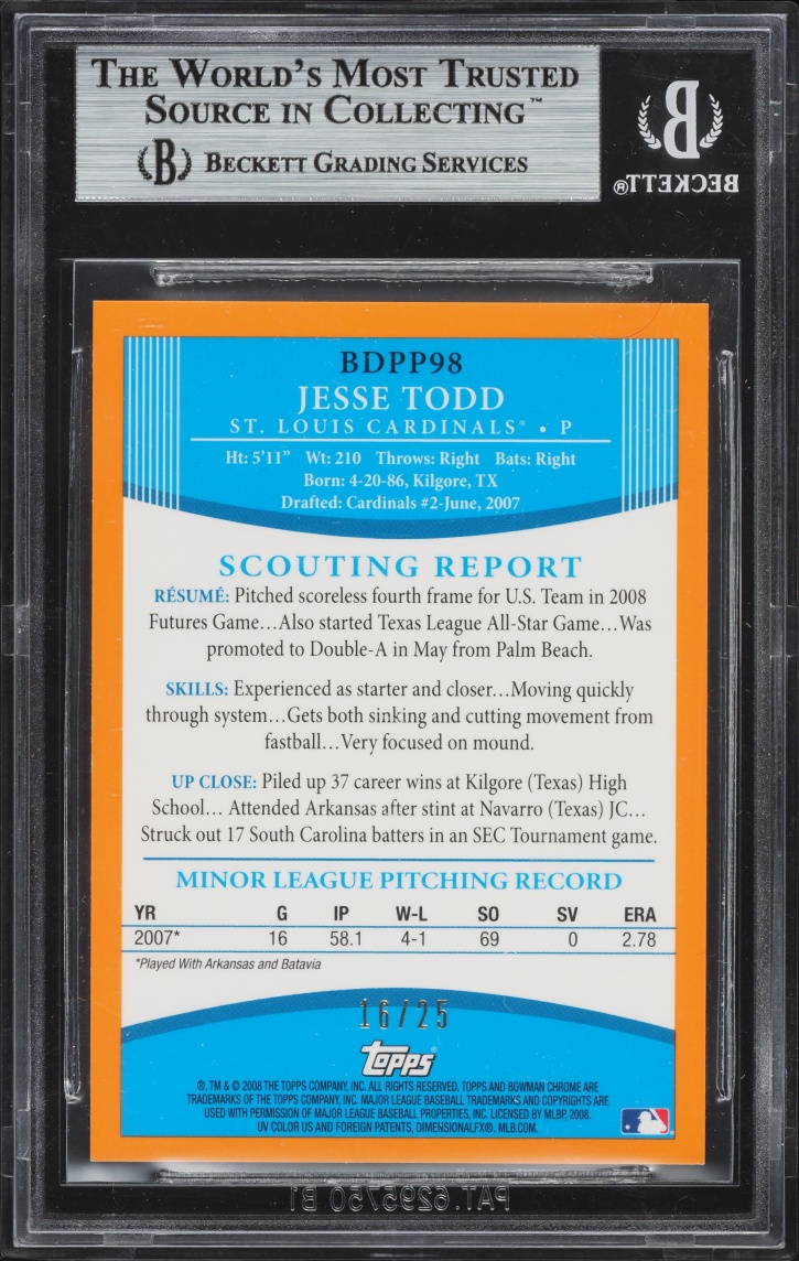 2008 Bowman Chrome Draft Orange Refractors Jesse Todd PROSPECT /75 #BDPP98 BGS 9 MINT