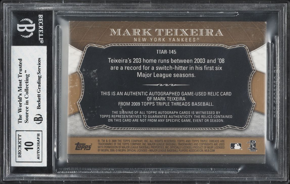 2009 Topps Triple Threads Gold Mark Teixeira PATCH AUTO 9/9 #145 BGS 8 NM-MT