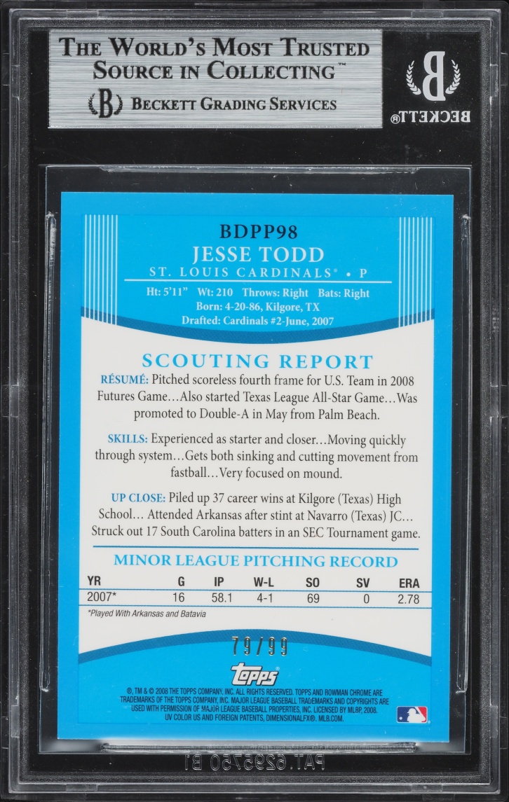 2008 Bowman Chrome Draft Blue Refractor Jesse Todd PROSPECT /99 #BDPP98 BGS 9 MINT