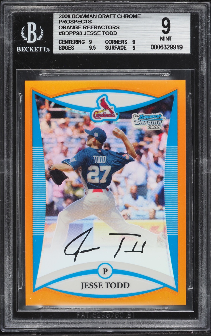 2008 Bowman Chrome Draft Orange Refractors Jesse Todd PROSPECT /75 #BDPP98 BGS 9 MINT