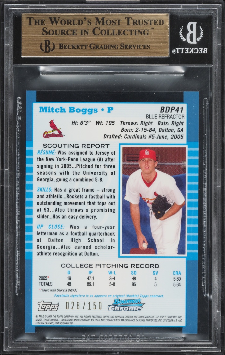 2005 Bowman Chrome Draft Blue Refractor Mitch Boggs PROSPECT /150 #41 BGS 9.5 GEM MINT