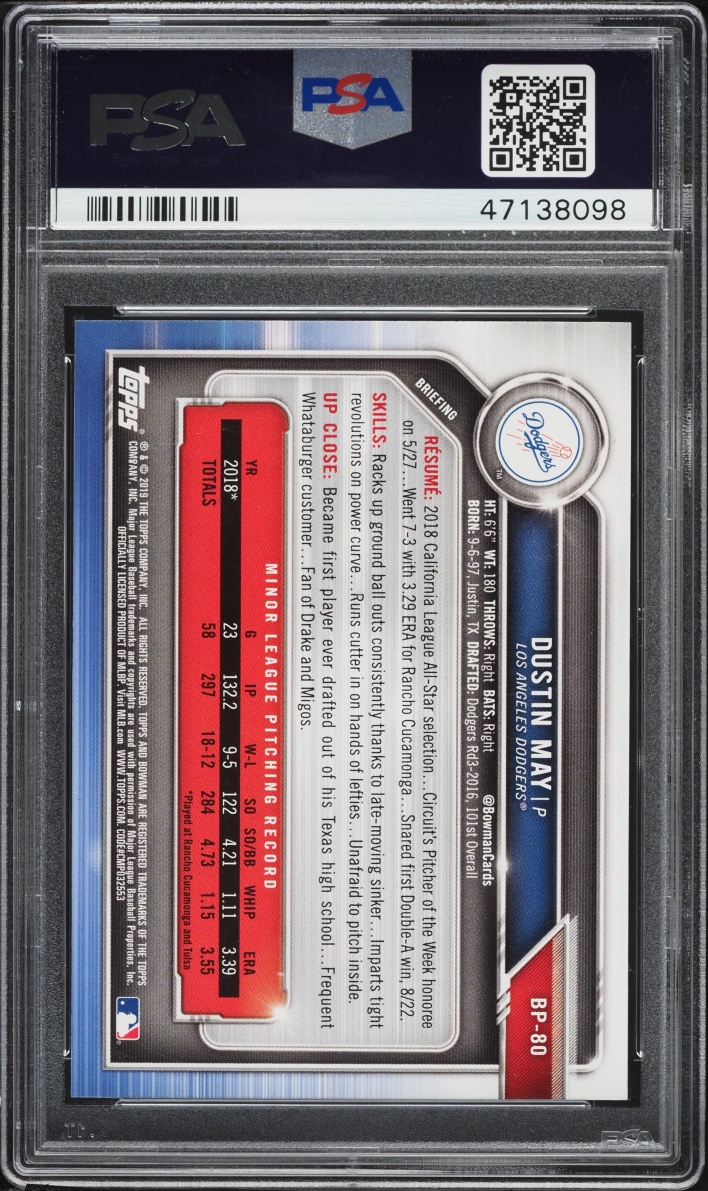2019 Bowman Paper Dustin May PROSPECT #BP80 PSA 10 GEM MINT