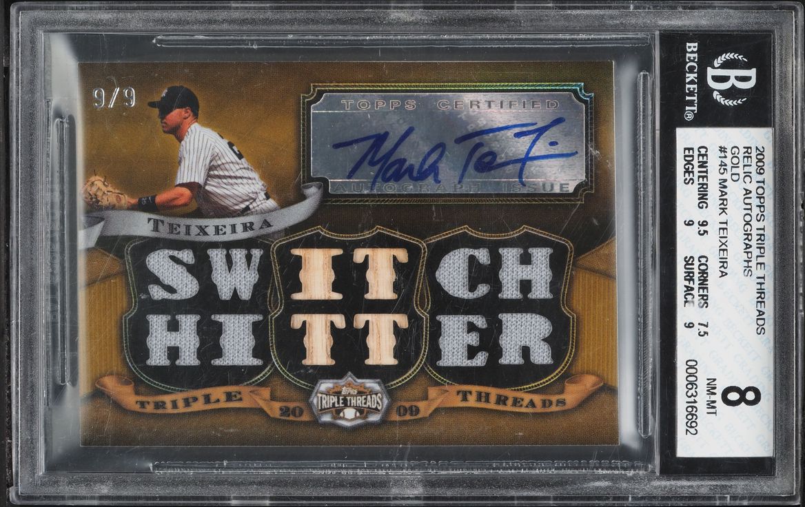 2009 Topps Triple Threads Gold Mark Teixeira PATCH AUTO 9/9 #145 BGS 8 NM-MT