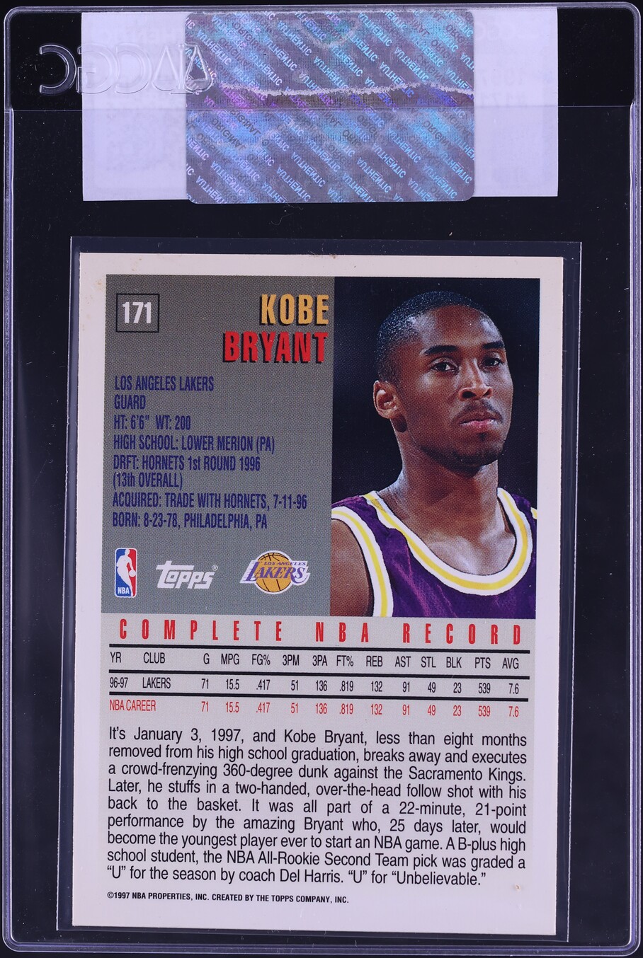 1997 Topps Basketball Kobe Bryant #171 CGC AUTH