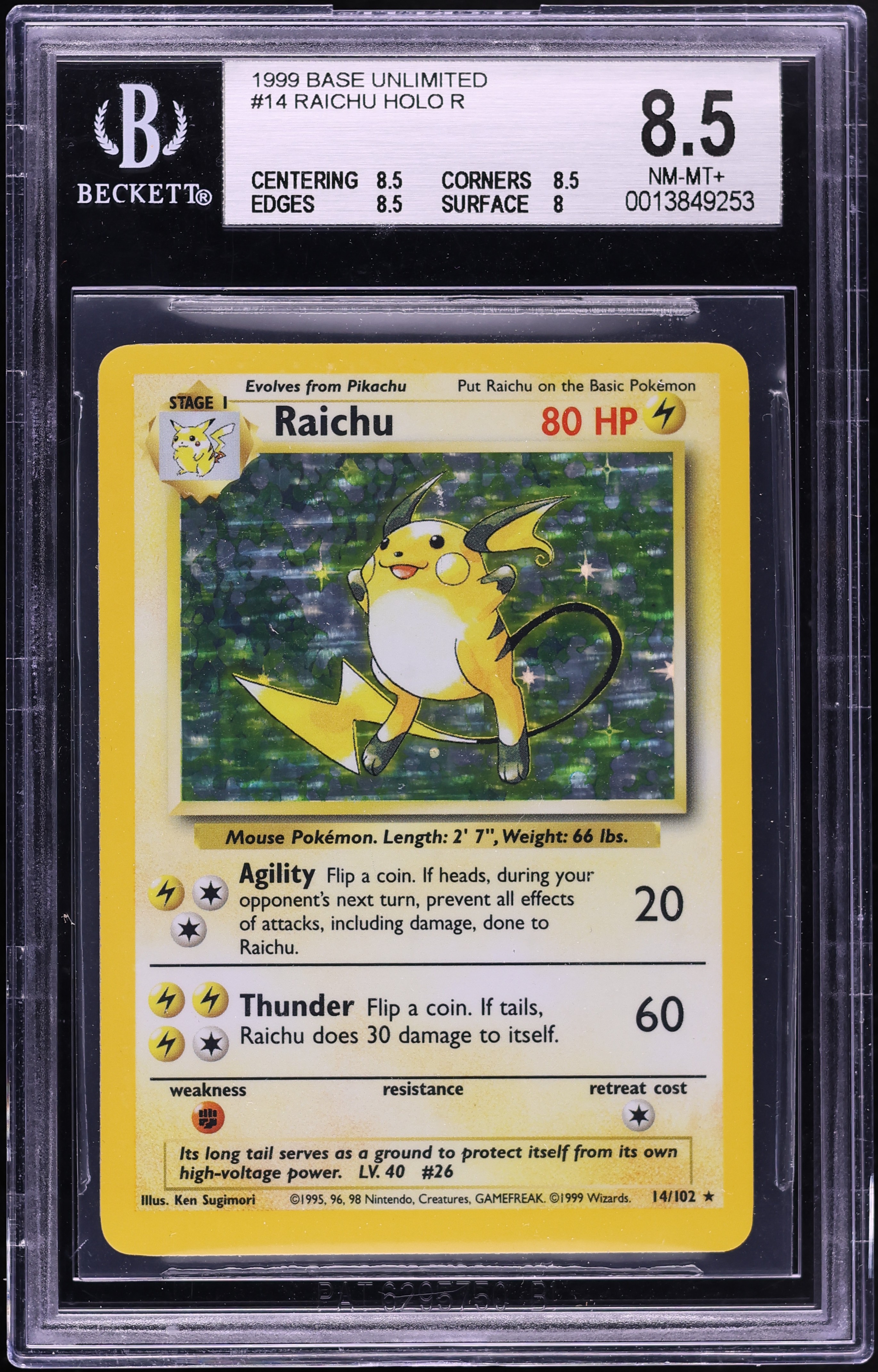 1999 Pokemon Base Set Holo Raichu #14 BGS 8.5 NM-MT+