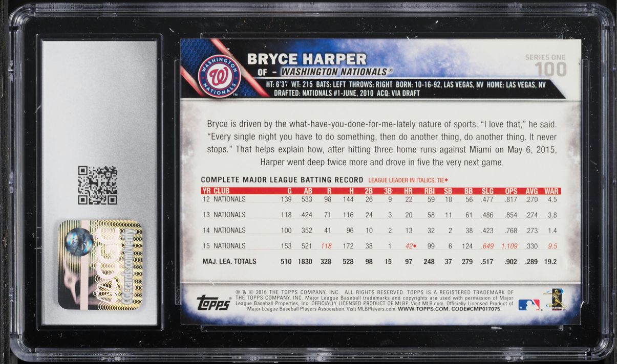 2016 Topps Bryce Harper #100 CGC 10 GEM MINT