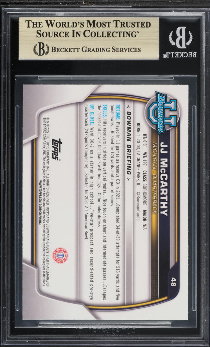 2022 Bowman Chrome University Pink Refractor JJ McCarthy ROOKIE #48 BGS 9.5 GEM MINT