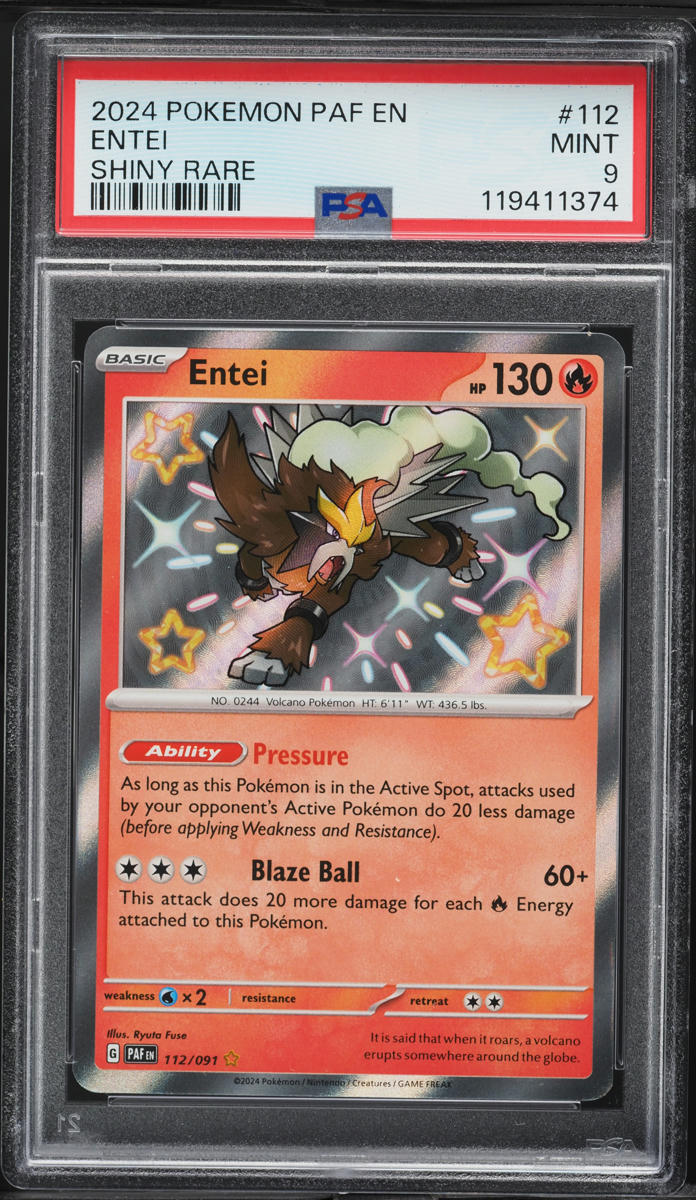 2024 Pokemon Scarlet & Violet Paldean Fates Shiny Rare Entei #112 PSA 9 MINT