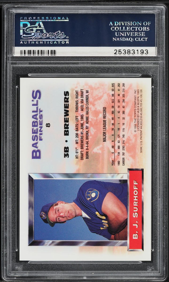 1993 Finest Refractor B.J. Surhoff #8 PSA 8 NM-MT