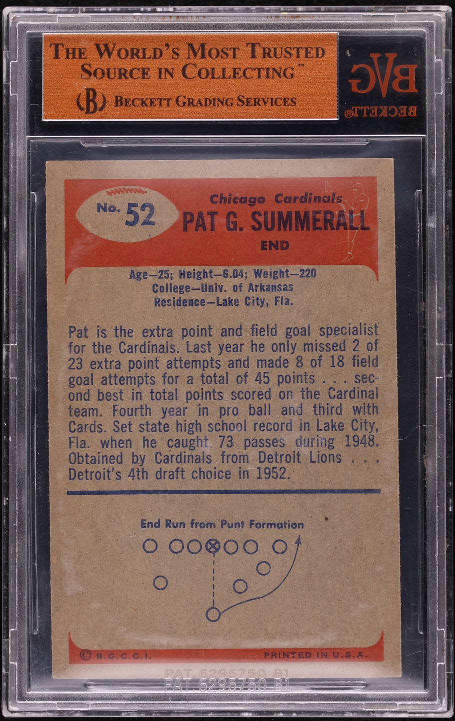 1955 Bowman Football Pat Summerall #52 BGS 7 NRMT